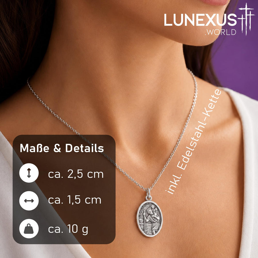 Christophorus Medaille Edelstahl silber mit Kette, beidseitig graviert, gesegnet – Bild 2