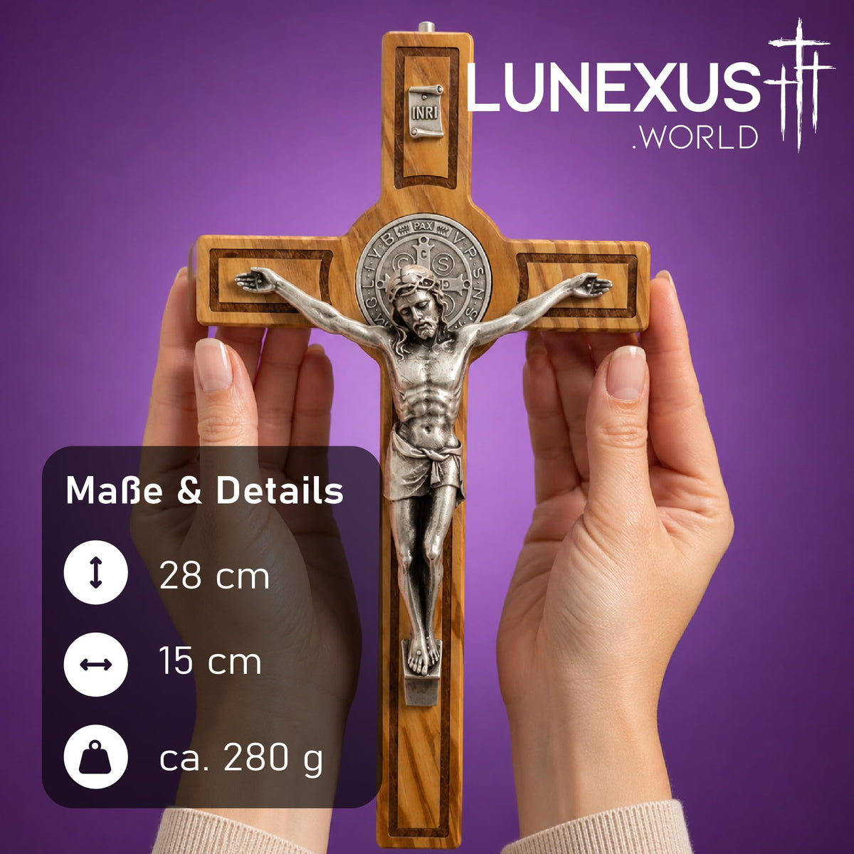 Benediktus-Kruzifix aus Olivenholz 28 × 15 cm mit Corpus, INRI-Tafel und Medaille, gesegnet – Bild 2