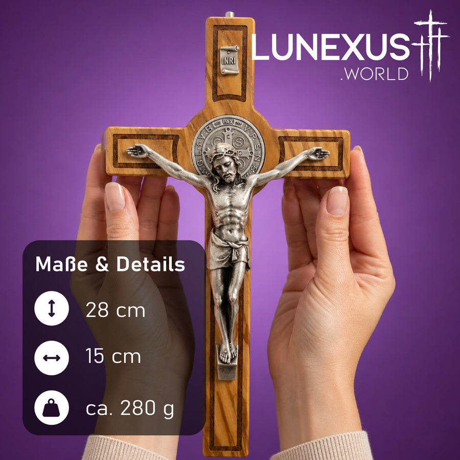 Benediktus-Kruzifix aus Olivenholz 28 × 15 cm mit Corpus, INRI-Tafel und Medaille, gesegnet – Bild 2