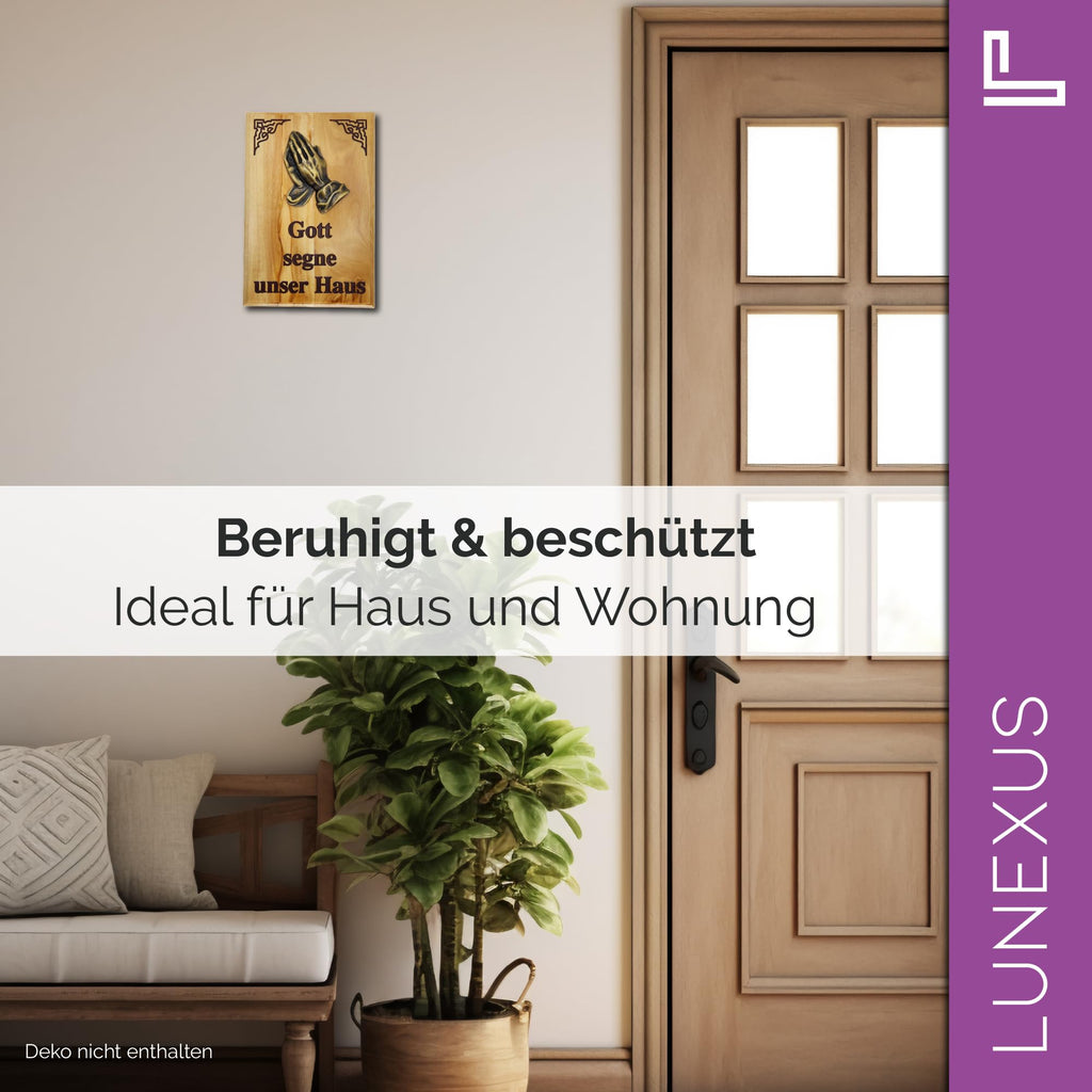 Haussegen aus Olivenholz mit betenden Händen und Inschrift Gott segne unser Haus – Bild 6