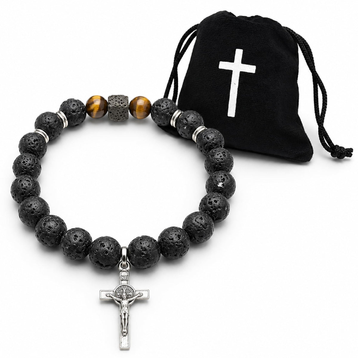 Lavastein Armband mit Benediktus-Kruzifix und Akzentstein, 16 cm, gesegnet – Bild 5