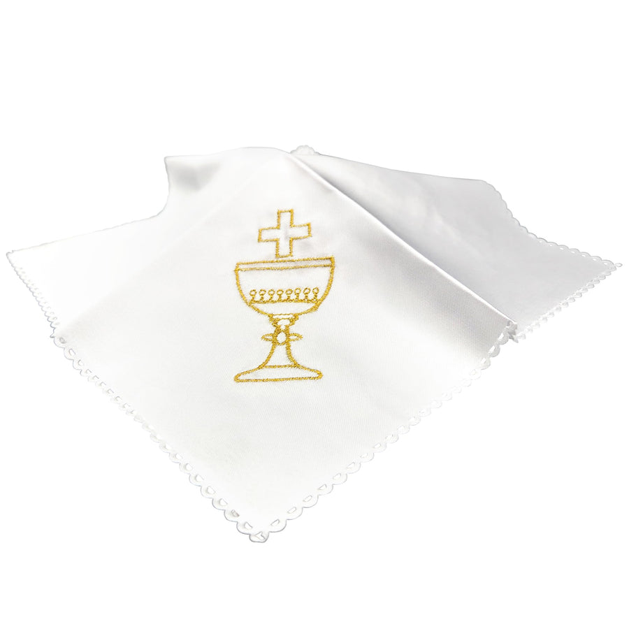 Linge de cierge blanc 22 × 22 cm avec broderie dorée représentant un calice, une hostie et une croix, bordure en dentelle