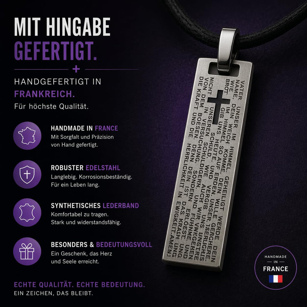 Vaterunser Kreuzkette Edelstahl 3 x 1 cm mit schwarzem Band, gesegnet, Samt-Säckchen – Bild 4