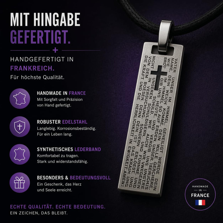 Collier Notre Père en acier inoxydable 3 × 1 cm avec cordon noir, bénit, pochette en velours – image 4