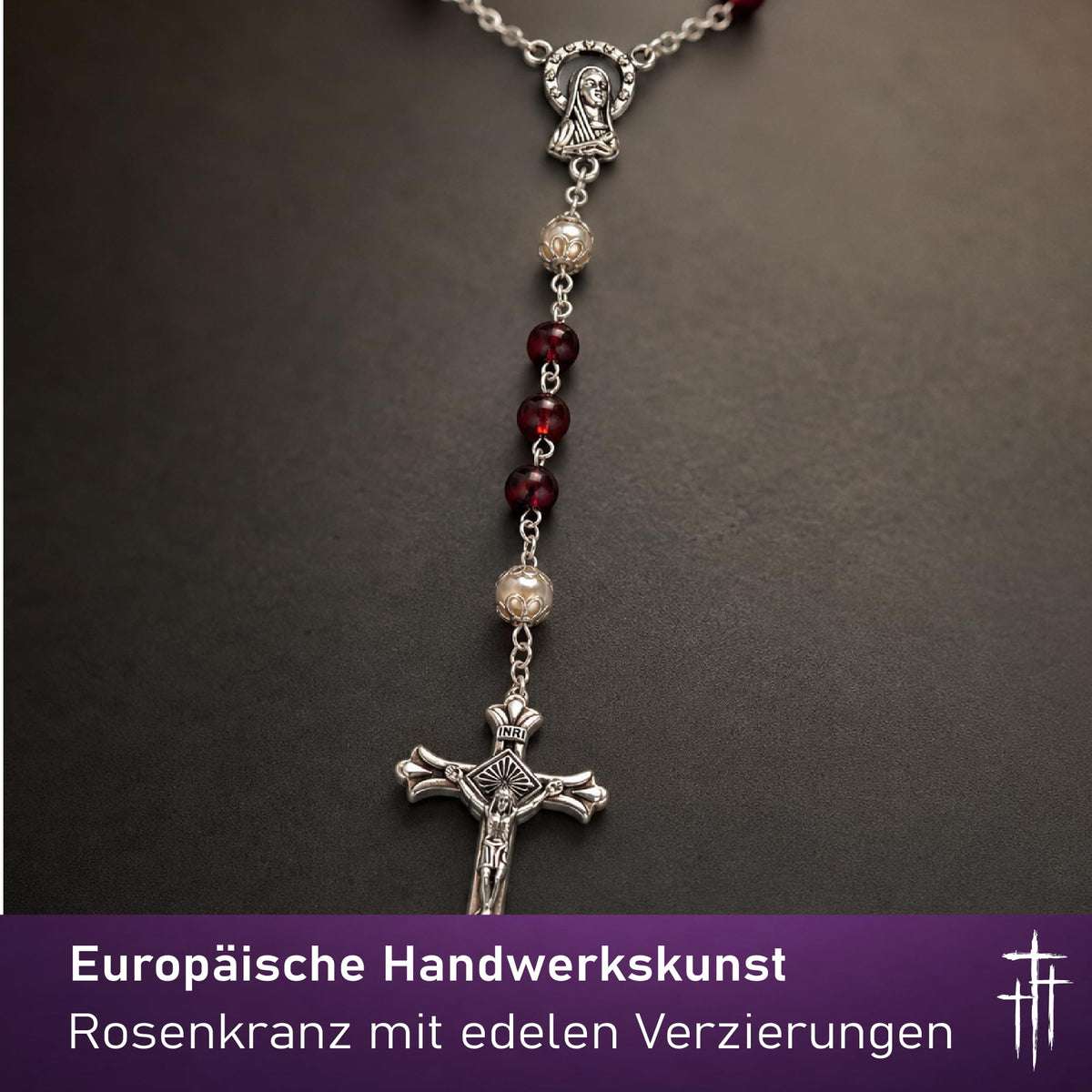 Rosenkranz mit rot marmorierten Glasperlen, 50 cm, Madonnen-Plakette und Kruzifix, gesegnet – Bild 5