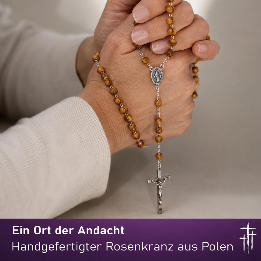 Rosenkranz aus hellbraunen Holzperlen, 50 cm, mit Wundertätiger Medaille und Samtsäckchen, gesegnet – Bild 3