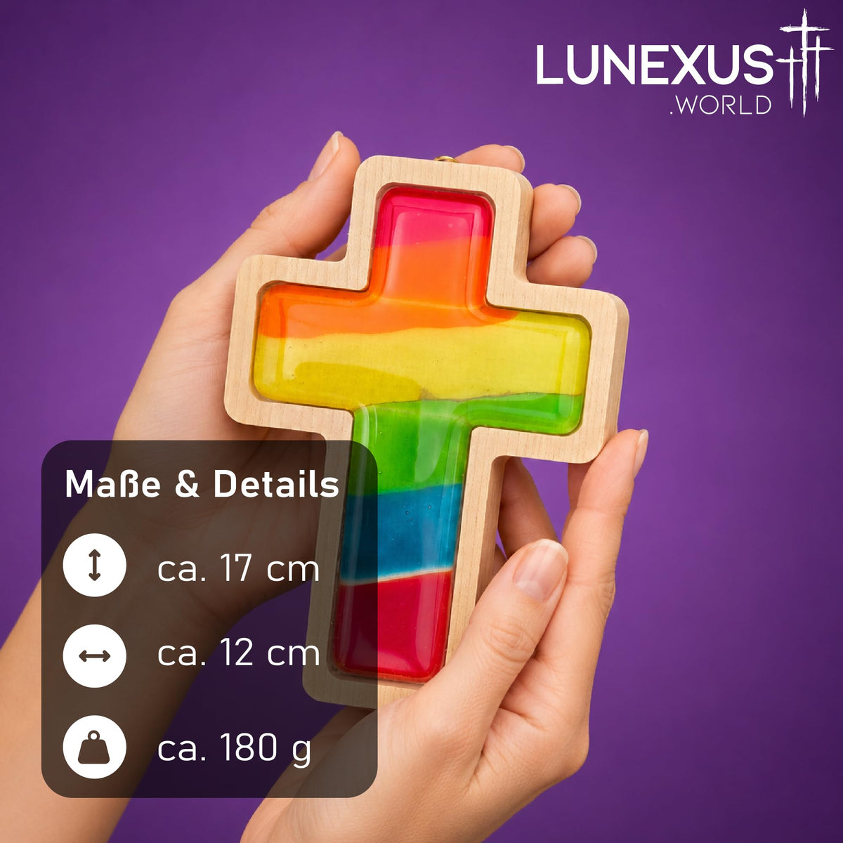 Wandkreuz aus Buchenholz mit Glaskern in Regenbogenfarben, 17×12 cm, gesegnet – Bild 2