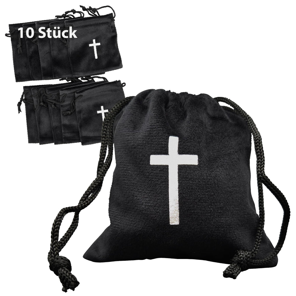 10er Set schwarze Samtbeutel 10 × 9 cm mit weißem Kreuz und Kordelzug