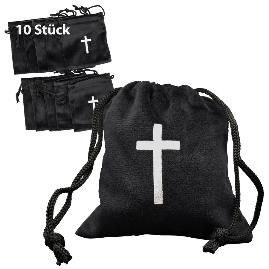Lot de 10 pochettes en velours noires 10 × 9 cm avec croix blanche et cordon de serrage