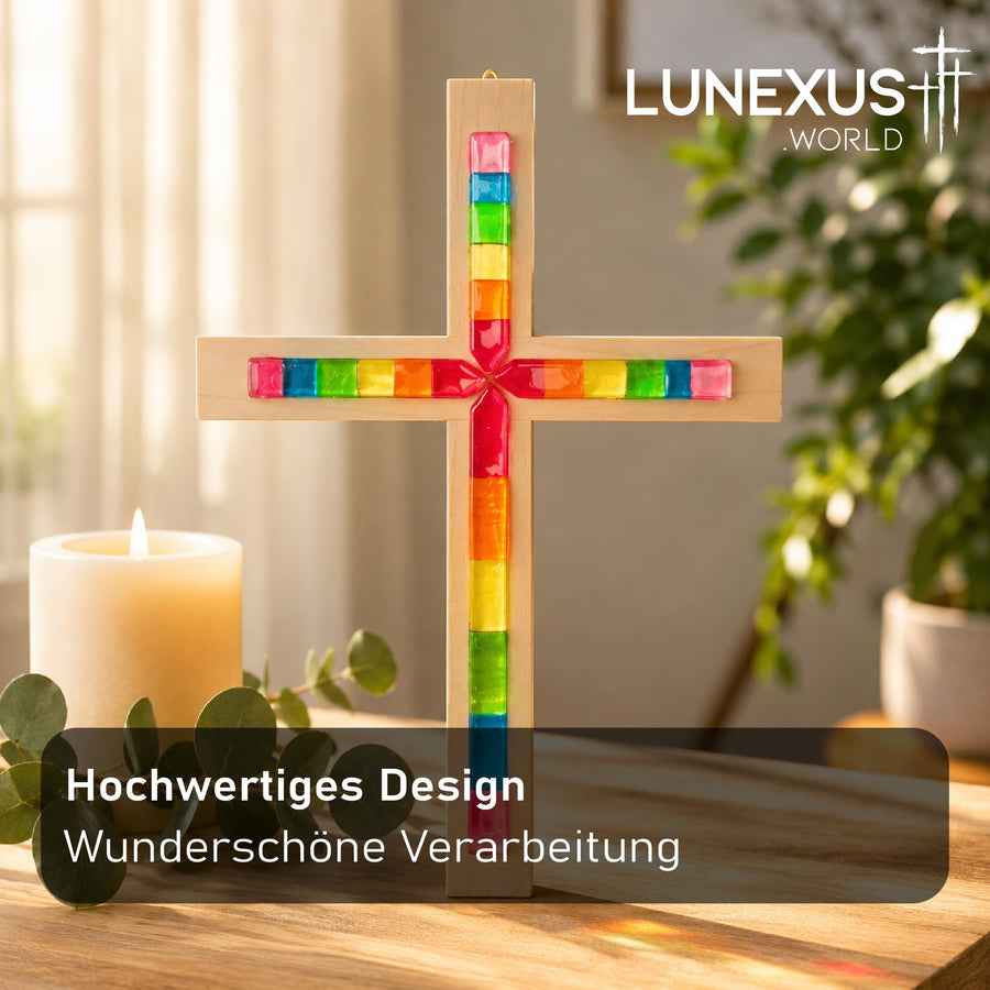 Wandkreuz aus Buchenholz mit Regenbogen-Glaseinsätzen, 20×15 cm, gesegnet – Bild 8