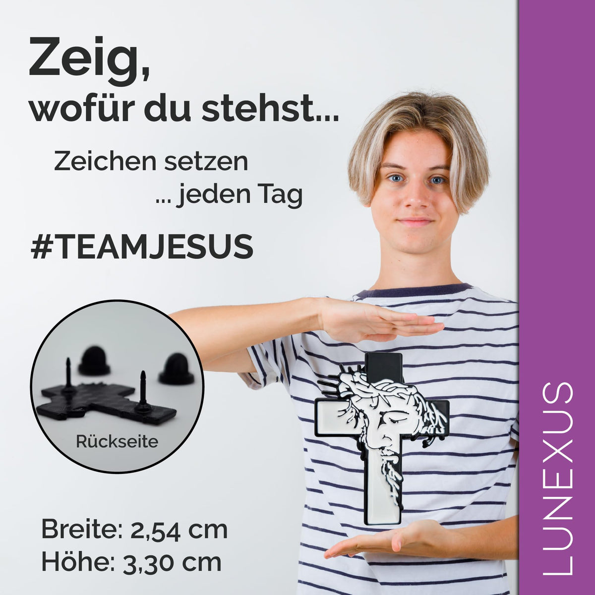 Anstecknadel Kreuz mit Antlitz Jesu und Dornenkrone, schwarz-weiße Emaille, 2,54 x 3,30 cm – Bild 2