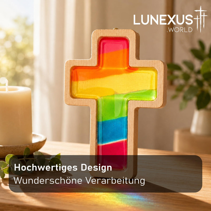 Wandkreuz aus Buchenholz mit Glaskern in Regenbogenfarben, 17×12 cm, gesegnet – Bild 8