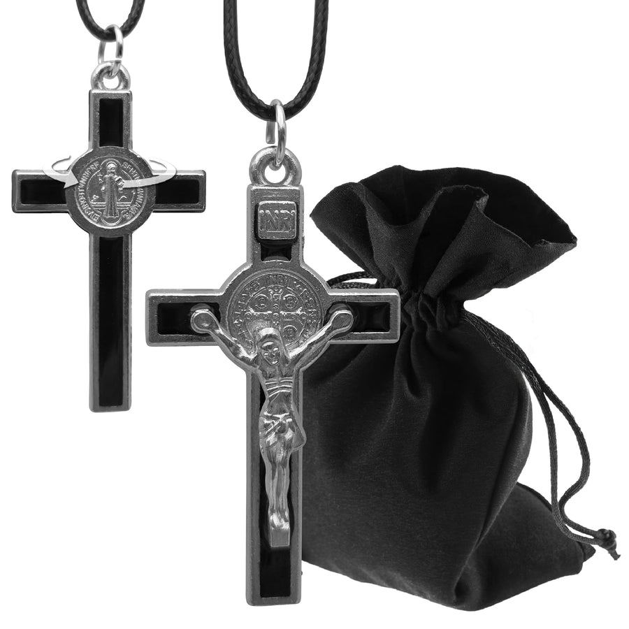 Crucifix collier avec médaille de saint Benoît, émail, 10,5 × 6,5 cm, cordon en polyester 60 cm