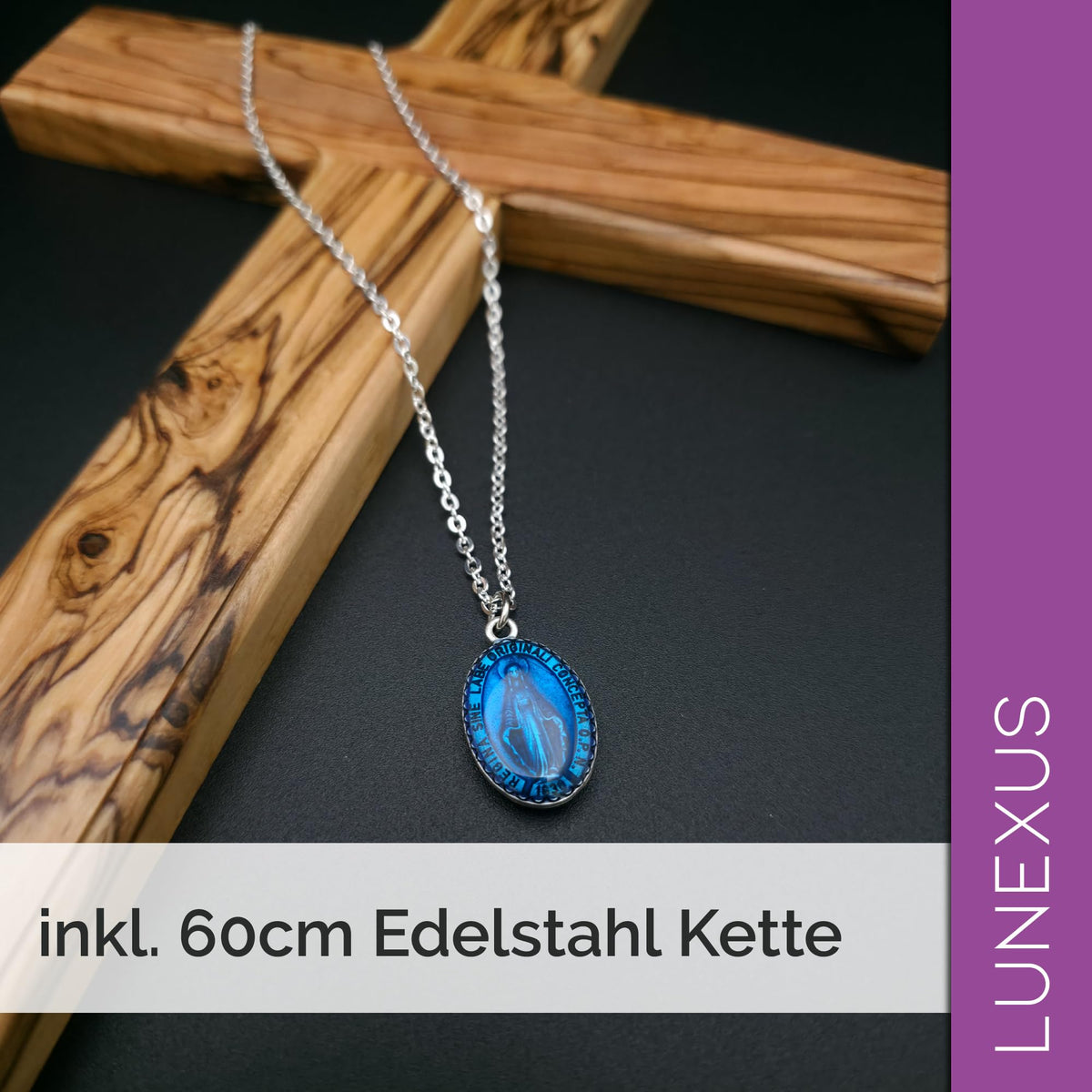 Maria Kette mit blauer Wundertätiger Medaille 3 cm, Edelstahlkette 60 cm, gesegnet – Bild 4