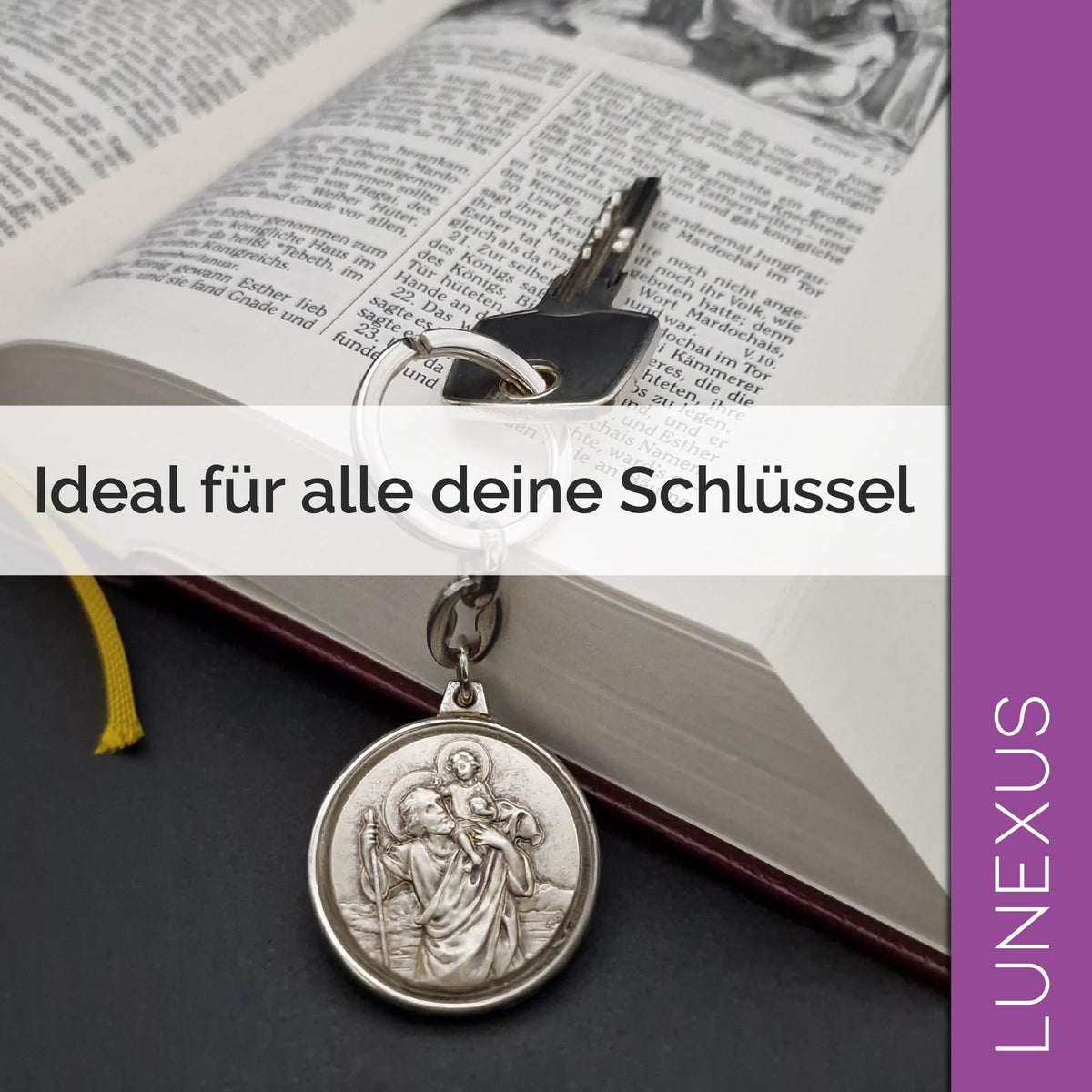 Christophorus Schlüsselanhänger Metall silber Ø 3,5 cm, gesegnet, mit Samtsäckchen – Bild 5