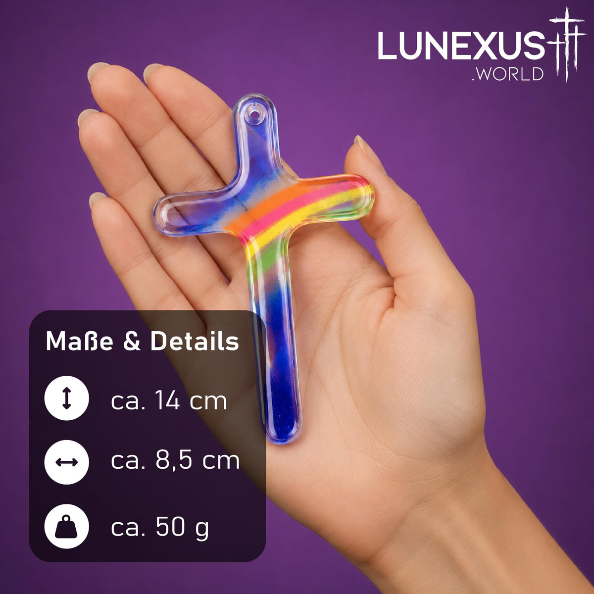 Kleines Glaskreuz 14×8,5 cm in Regenbogenfarben, gesegnet – Bild 2