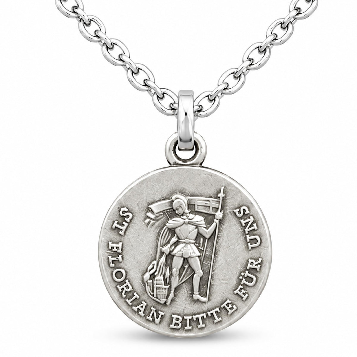 Halskette mit Medaillon des heiligen Florian, 1,6 cm, Edelstahlkette, gesegnet, mit Samtbeutel