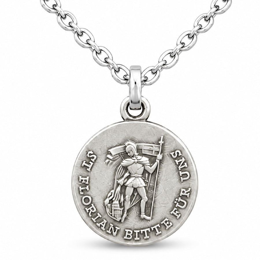 Halskette mit Medaillon des heiligen Florian, 1,6 cm, Edelstahlkette, gesegnet, mit Samtbeutel