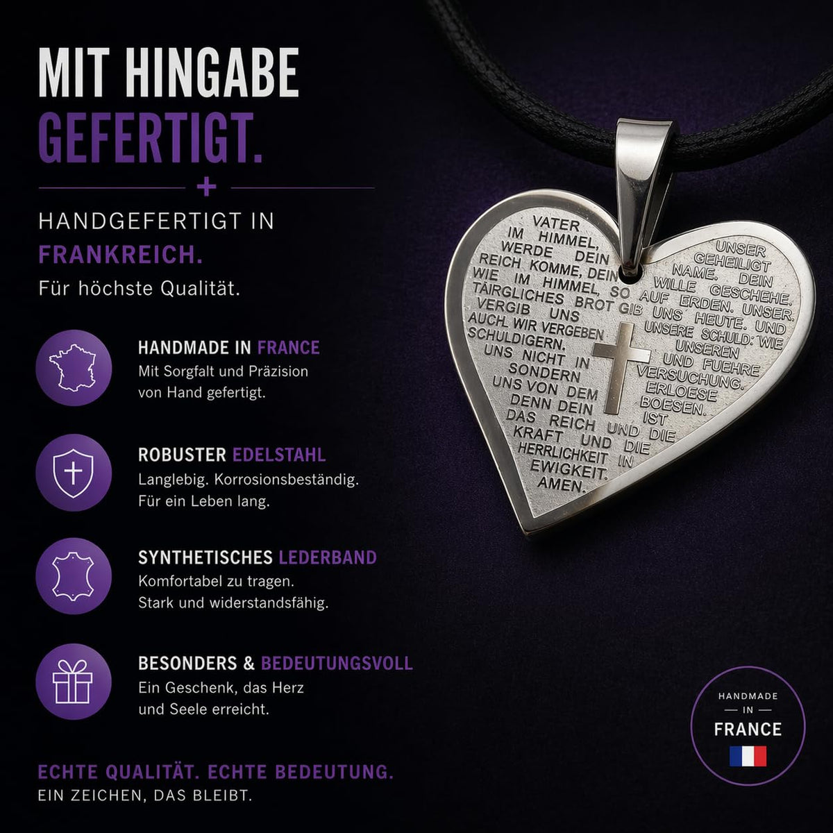 Halskette mit Herzanhänger aus Edelstahl mit Vaterunser-Gravur, schwarzes Band, gesegnet, mit Samtsäckchen – Bild 4