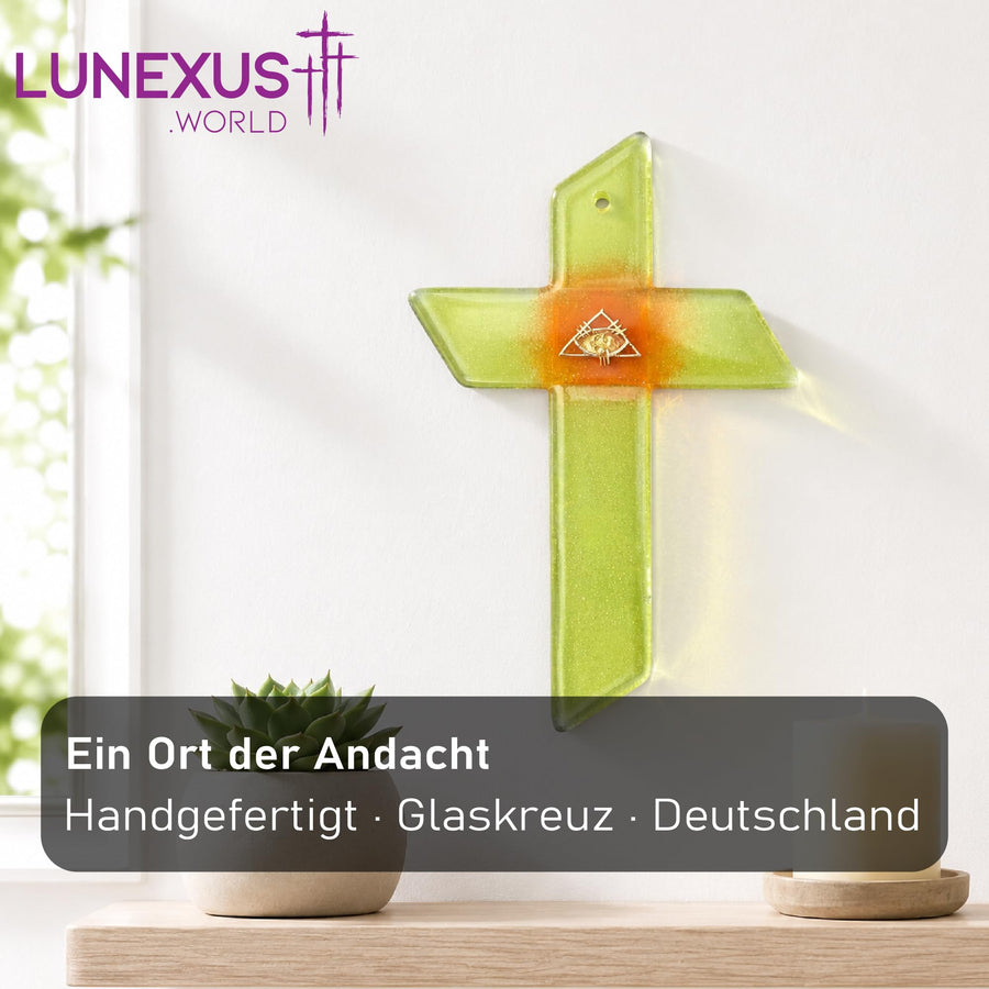 Glaskreuz 24×15 cm mit Auge-Symbol in Weiß und Orange mit Glitzer, gesegnet – Bild 3