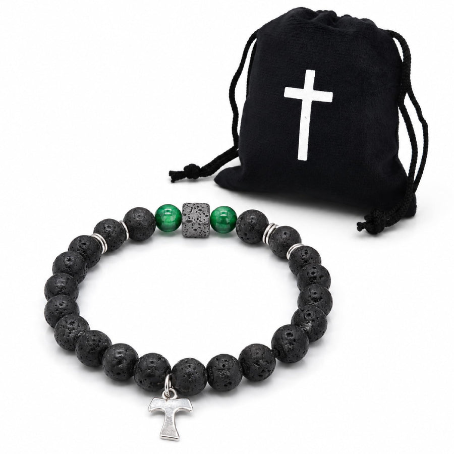 Damen Armband mit Tau-Kreuz aus Lavastein und Naturstein-Perlen, ca. 16 cm, gesegnet – Bild 5