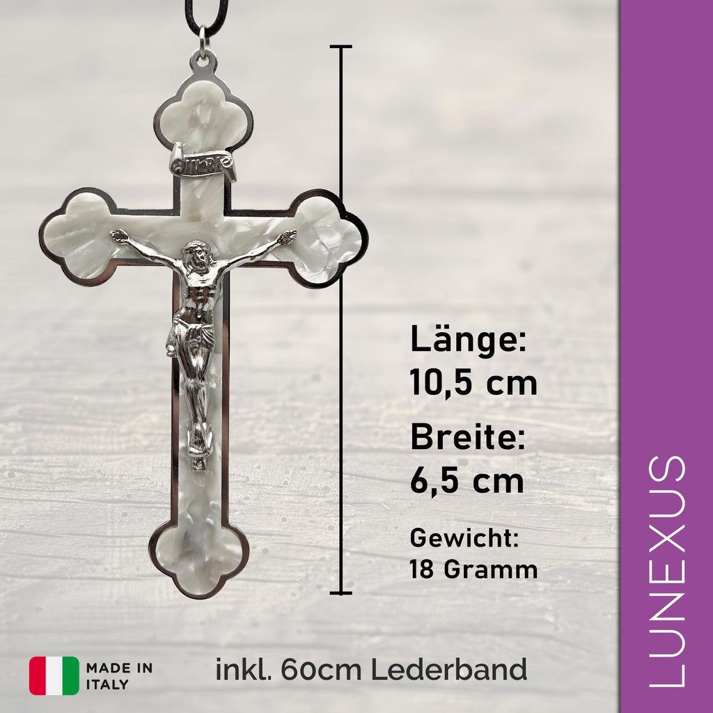 Kruzifix Kreuzkette perlmuttfarben weiß mit silberfarbenem Korpus und schwarzem Lederband, 10,5 cm – Bild 2