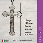 Kruzifix Kreuzkette perlmuttfarben weiß mit silberfarbenem Korpus und schwarzem Lederband, 10,5 cm – Bild 2