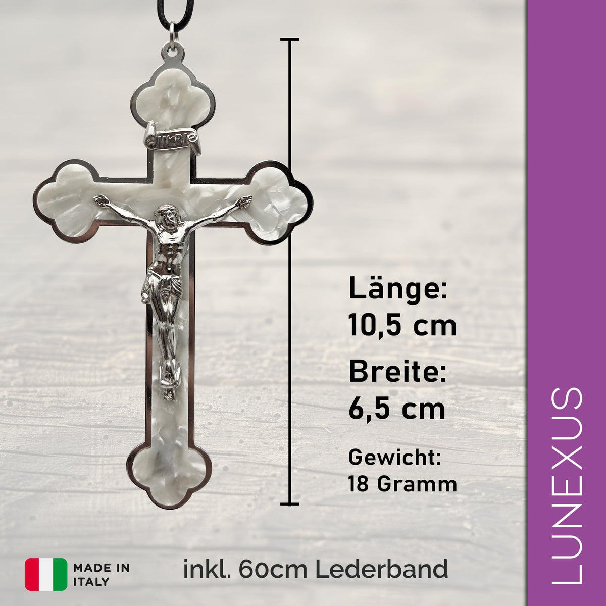 Kruzifix Kreuzkette perlmuttfarben weiß mit silberfarbenem Korpus und schwarzem Lederband, 10,5 cm – Bild 2
