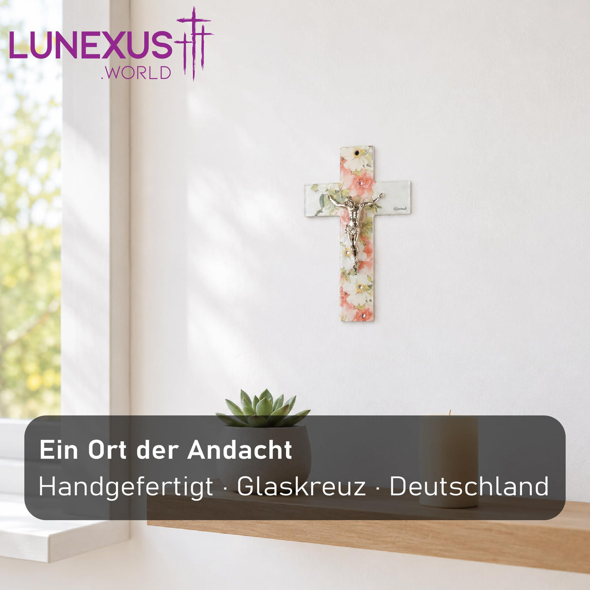 Glaskreuz 16 × 10 cm in Weiß und Orange mit Jesus-Korpus, Strass und floralem Dekor, gesegnet – Bild 3