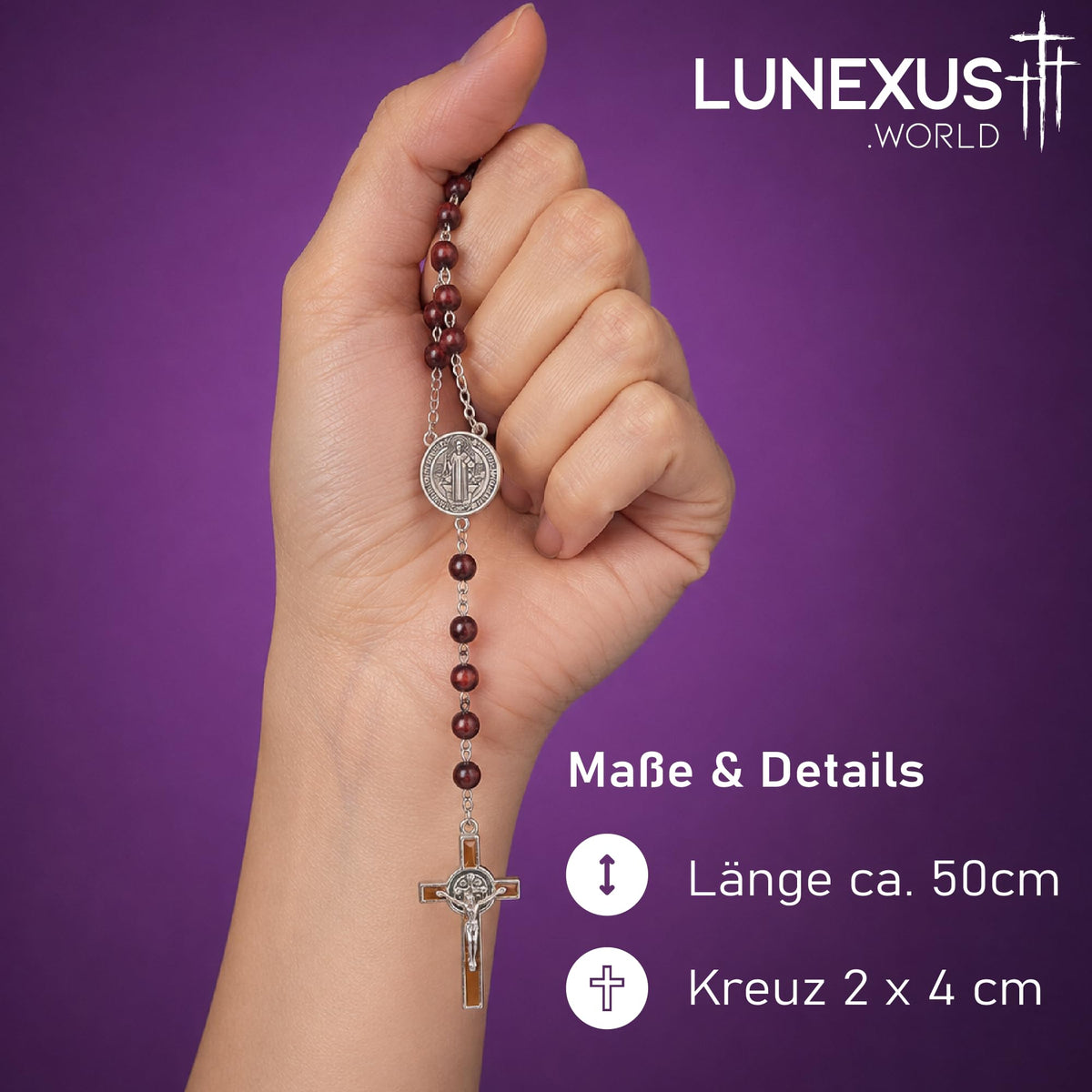 Rosenkranz aus 59 dunkelbraunen Holzperlen mit Benediktus-Medaille und emailliertem Kreuz, 50 cm – Bild 2