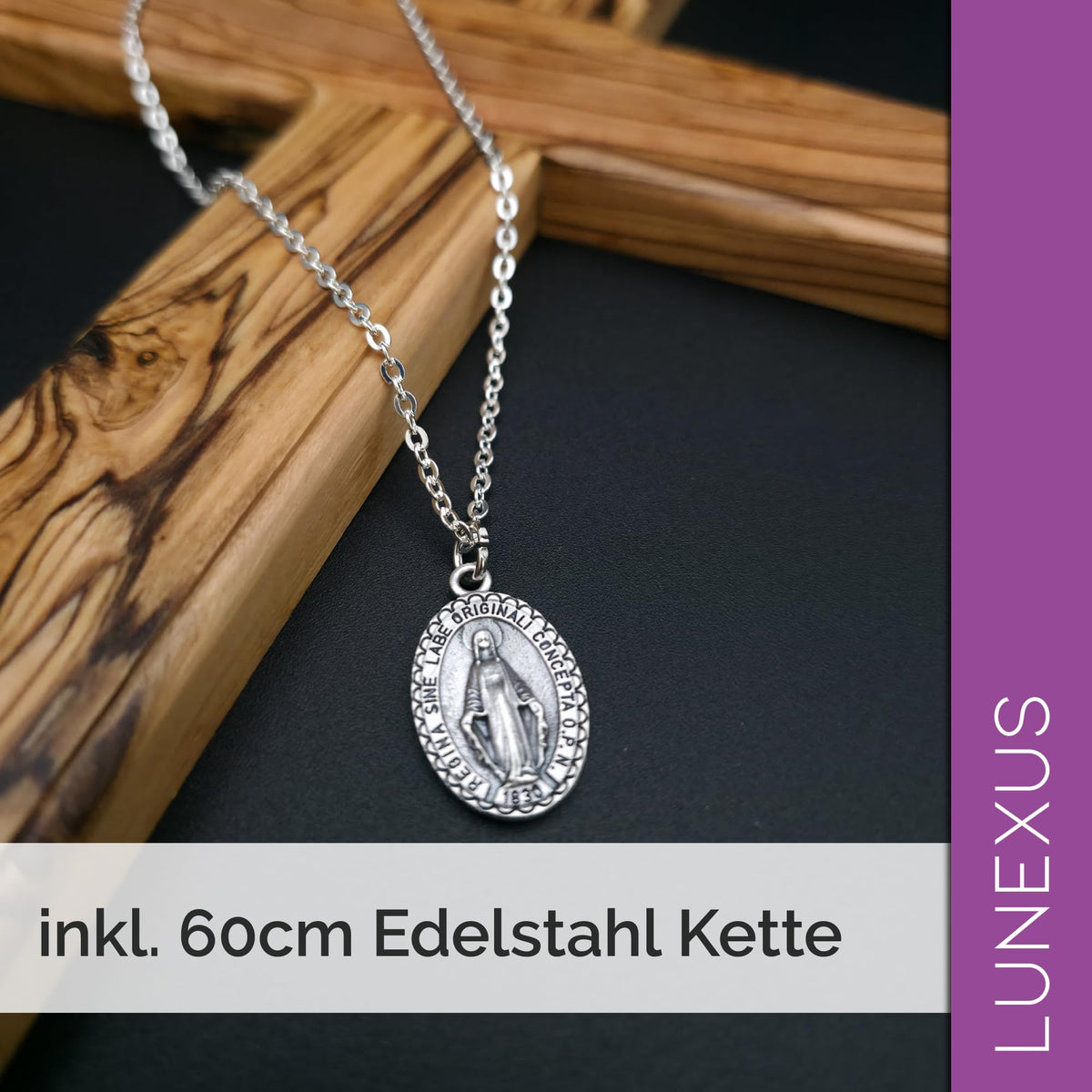 Marienkette Antik-Silber matt, Anhänger 3 cm, Edelstahlkette 60 cm, gesegnet – Bild 5