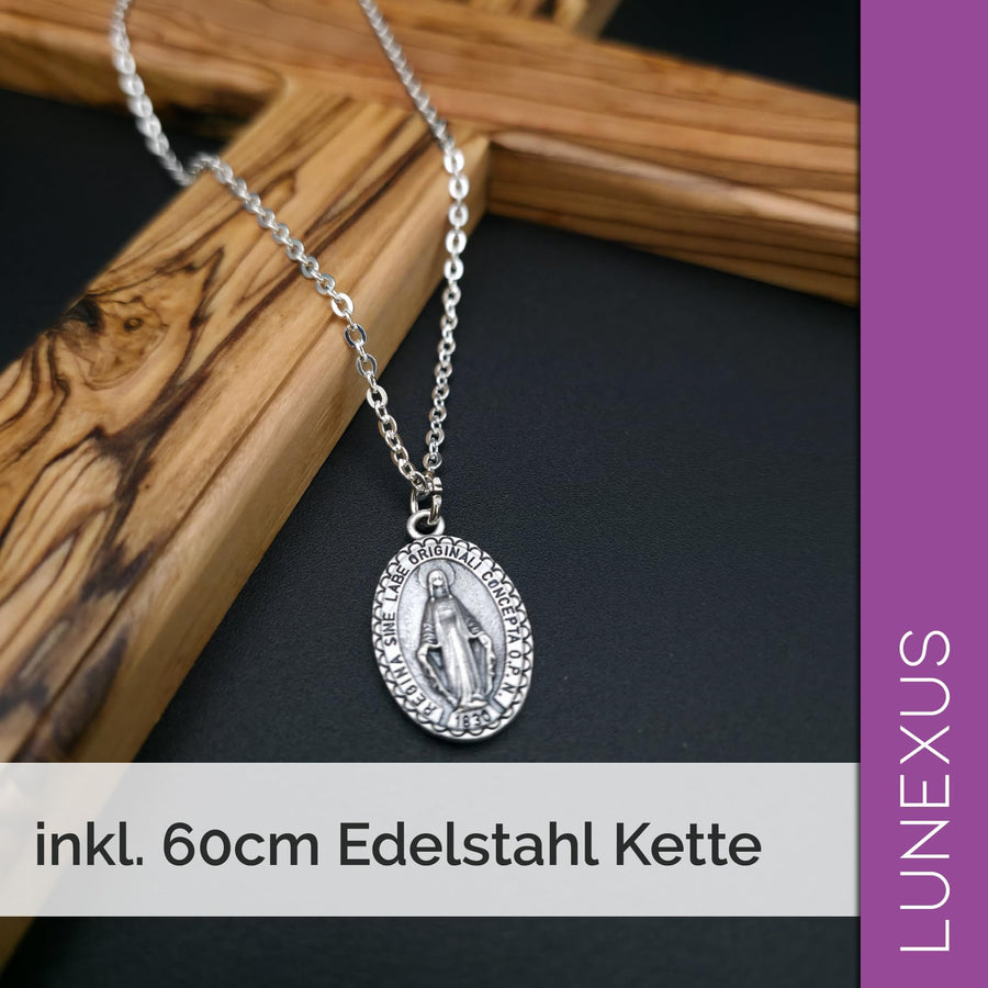 Collier Vierge Marie argent vieilli mat, pendentif 3 cm, chaîne en acier inoxydable 60 cm, bénit – image 5