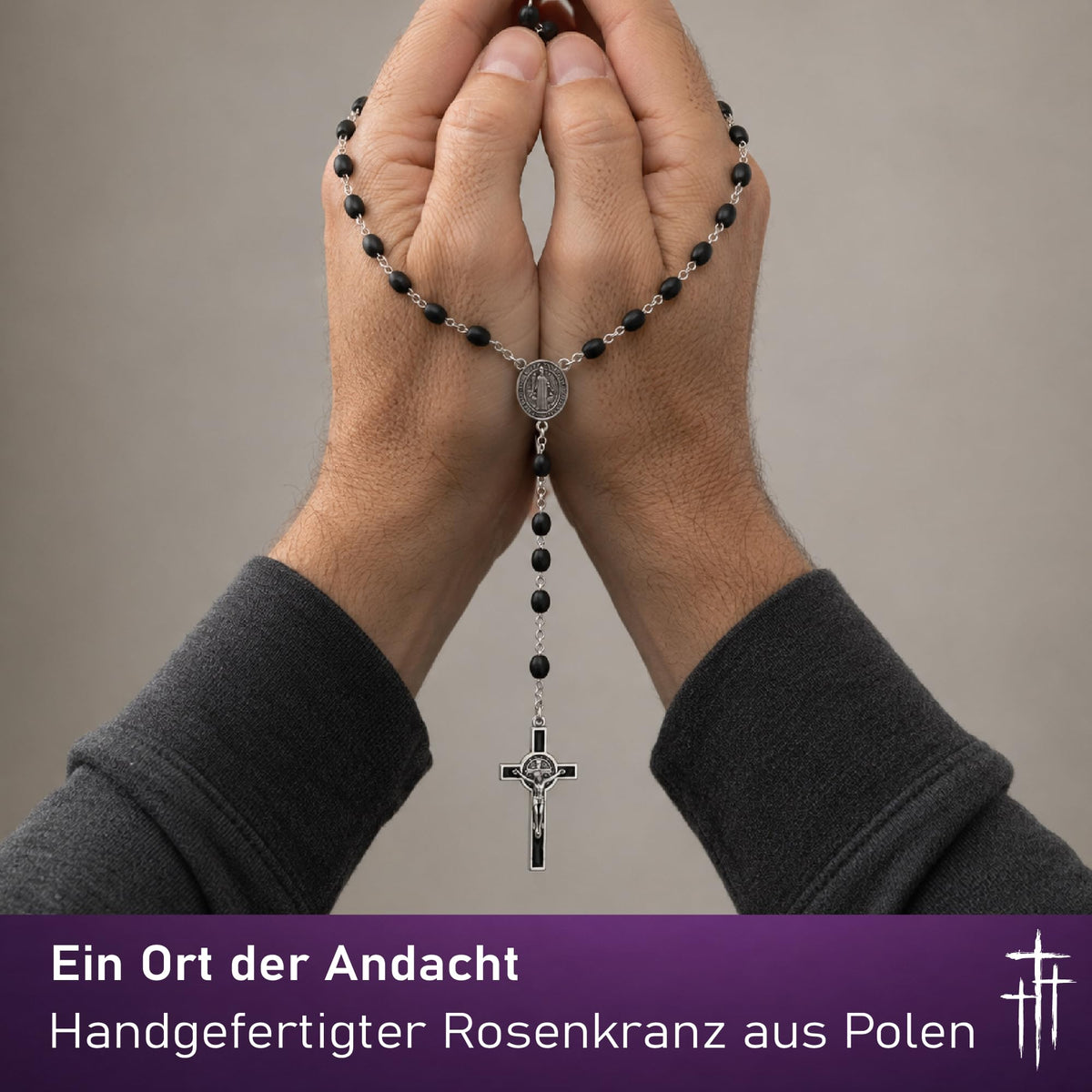 Benediktus-Rosenkranz mit schwarzen ovalen Holzperlen, 50 cm, Medaille und emailliertes Kruzifix – Bild 3