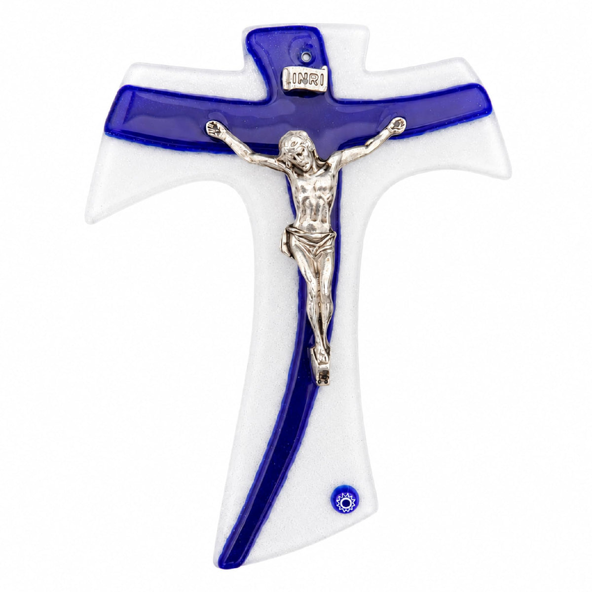 Glaskreuz 16 × 12 cm in Weiß und Blau mit Jesus-Korpus und INRI-Tafel, gesegnet