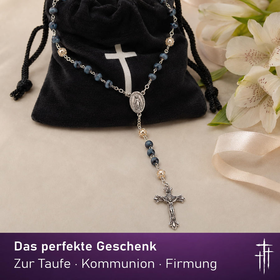 Rosenkranz mit blau marmorierten Glasperlen, 47 cm, Wundertätige Medaille und Kruzifix, gesegnet – Bild 6