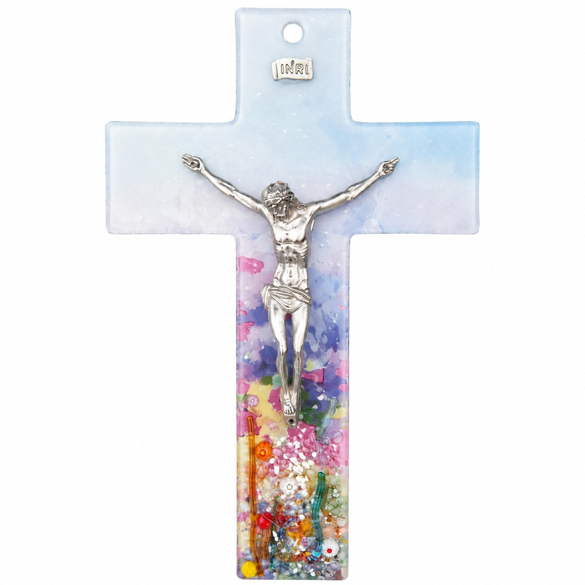 Glaskreuz 26 cm mit silbernem Korpus, INRI-Plakette und Farbverlauf hellblau-weiß, gesegnet