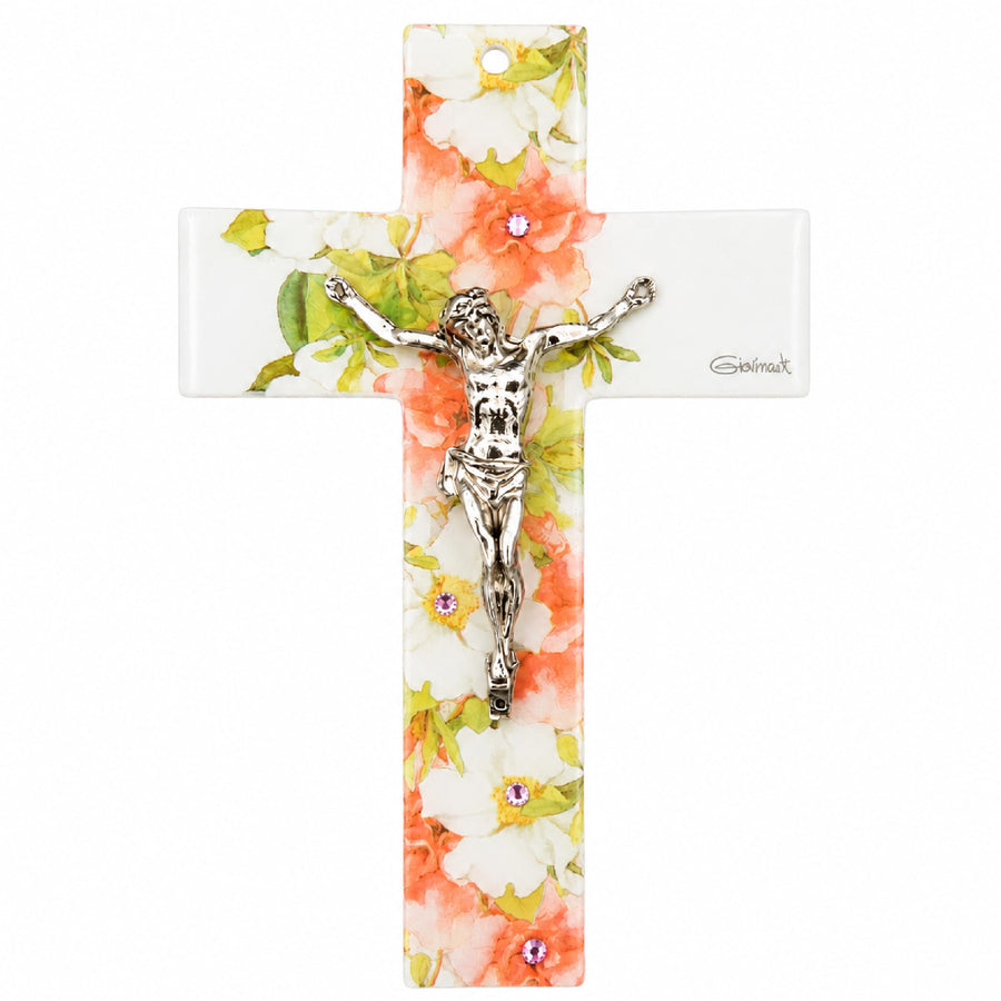 Glaskreuz 16 × 10 cm in Weiß und Orange mit Jesus-Korpus, Strass und floralem Dekor, gesegnet