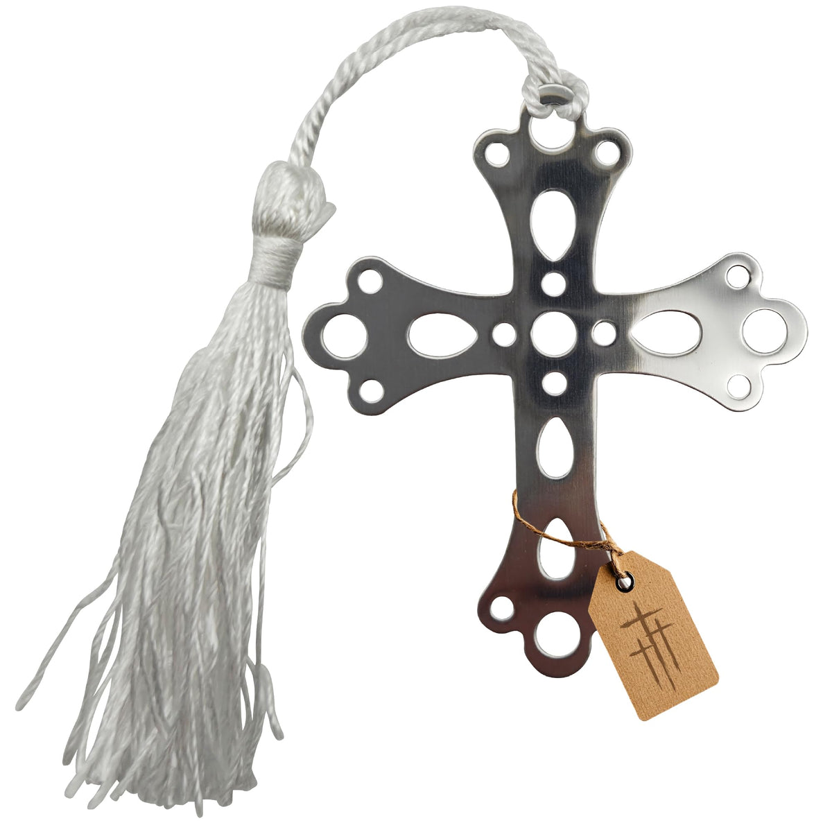 Kreuz-Lesezeichen aus silberfarbenem Metall, 7 × 6 cm, mit weißer Kordel und Quaste