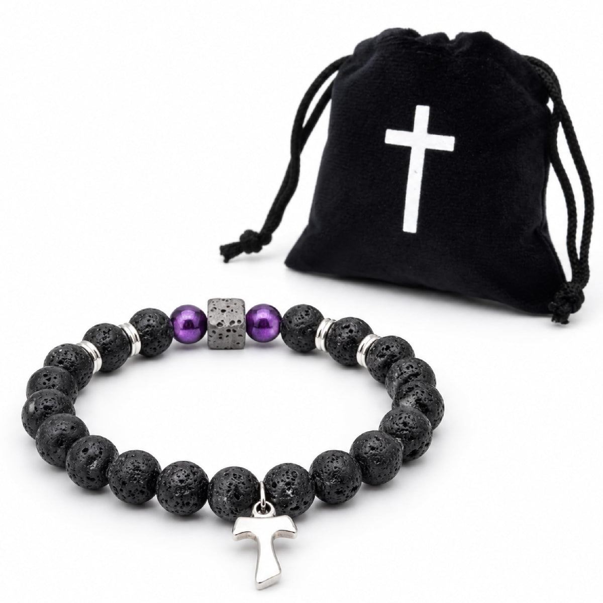 Damen Armband mit Tau-Kreuz aus Lavastein und Naturstein-Perlen, ca. 16 cm, gesegnet