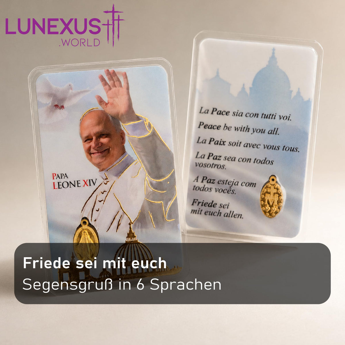 Gebetskarte Papst Leo XIV. mit vergoldeter Wundertätiger Medaille, laminiert, 9×5 cm, gold-blau – Bild 3