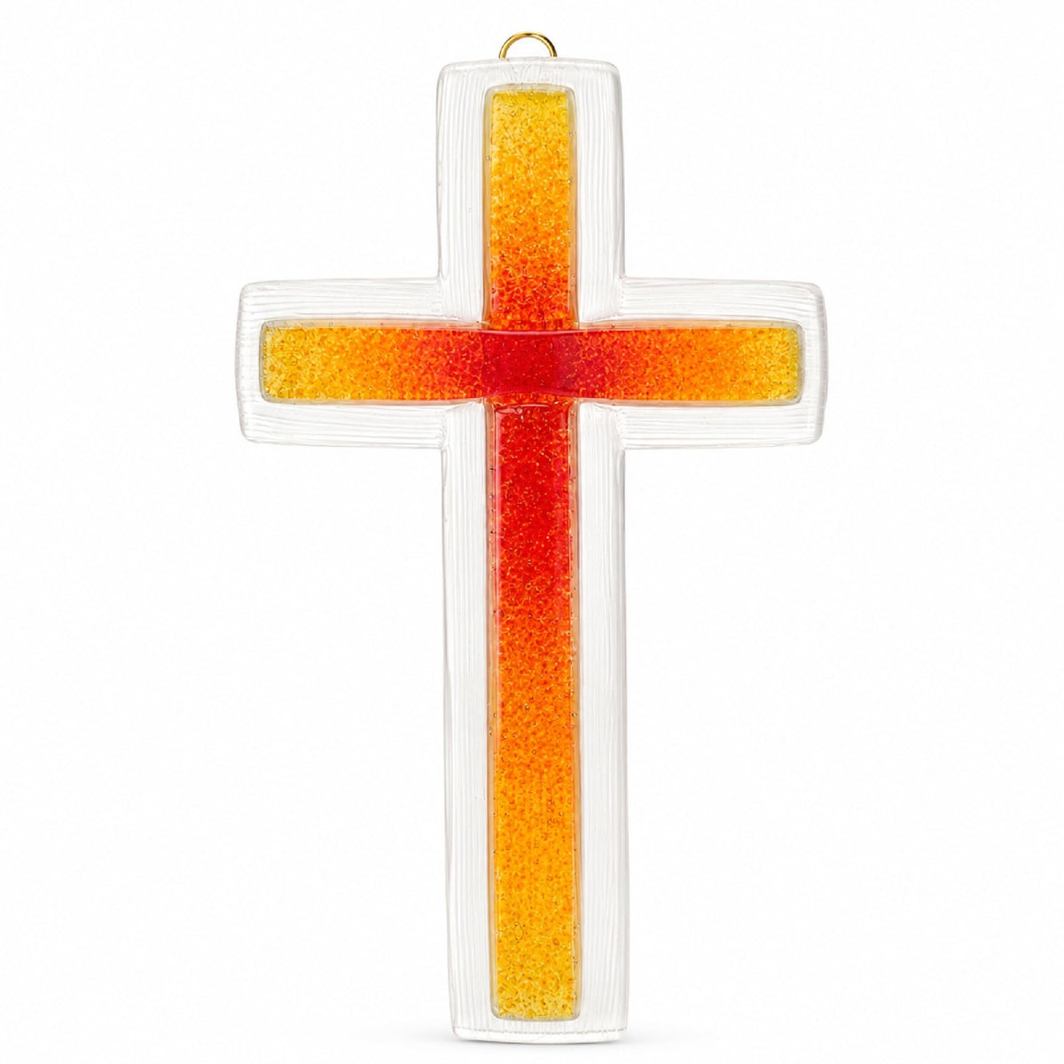Glaskreuz 20,5 × 11,5 cm mit Farbverlauf in Gelb, Orange und Rot, handgefertigt, gesegnet