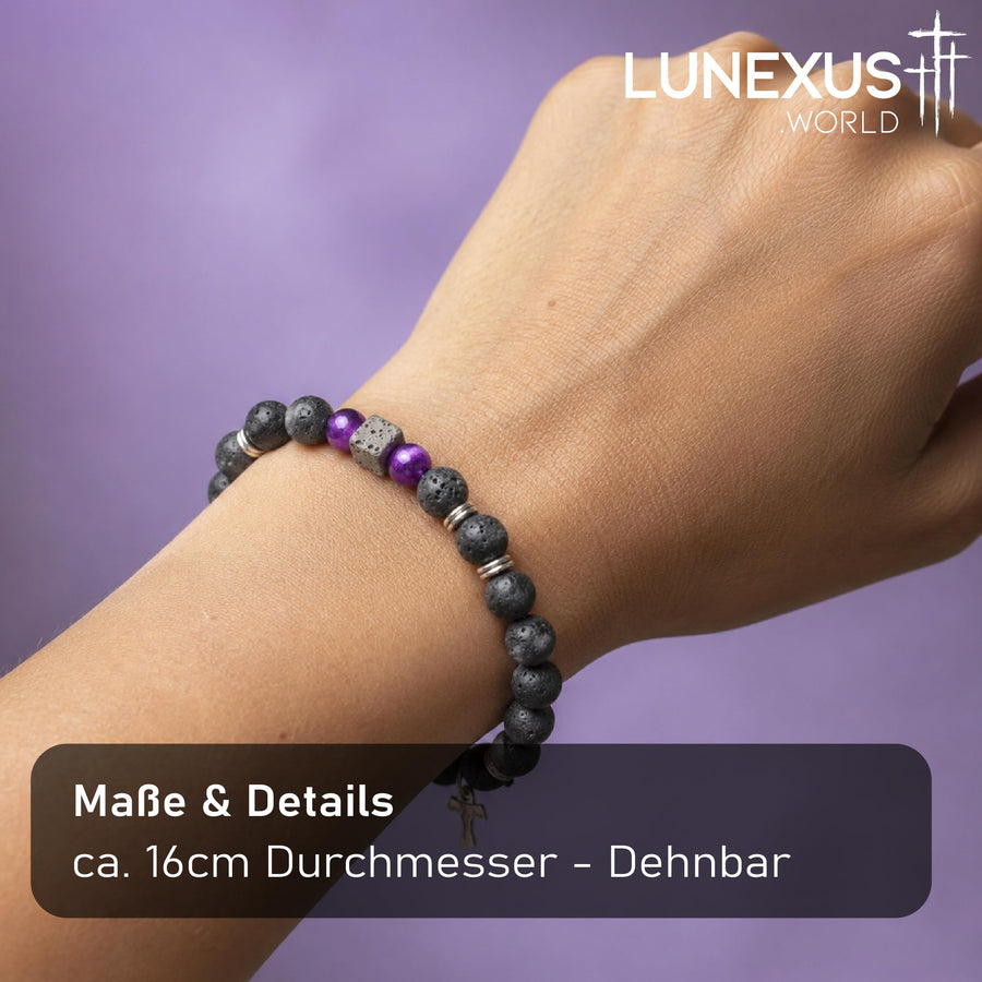 Damen Armband mit Tau-Kreuz aus Lavastein und Naturstein-Perlen, ca. 16 cm, gesegnet – Bild 7