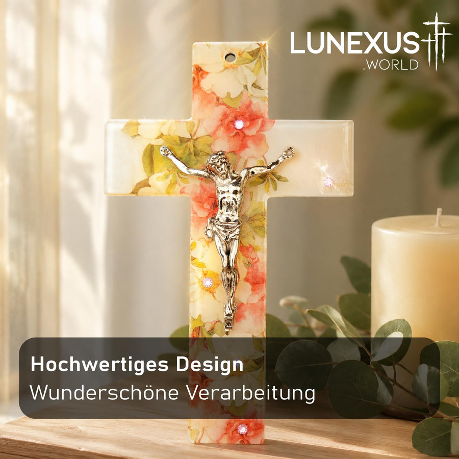 Glaskreuz 16 × 10 cm in Weiß und Orange mit Jesus-Korpus, Strass und floralem Dekor, gesegnet – Bild 8