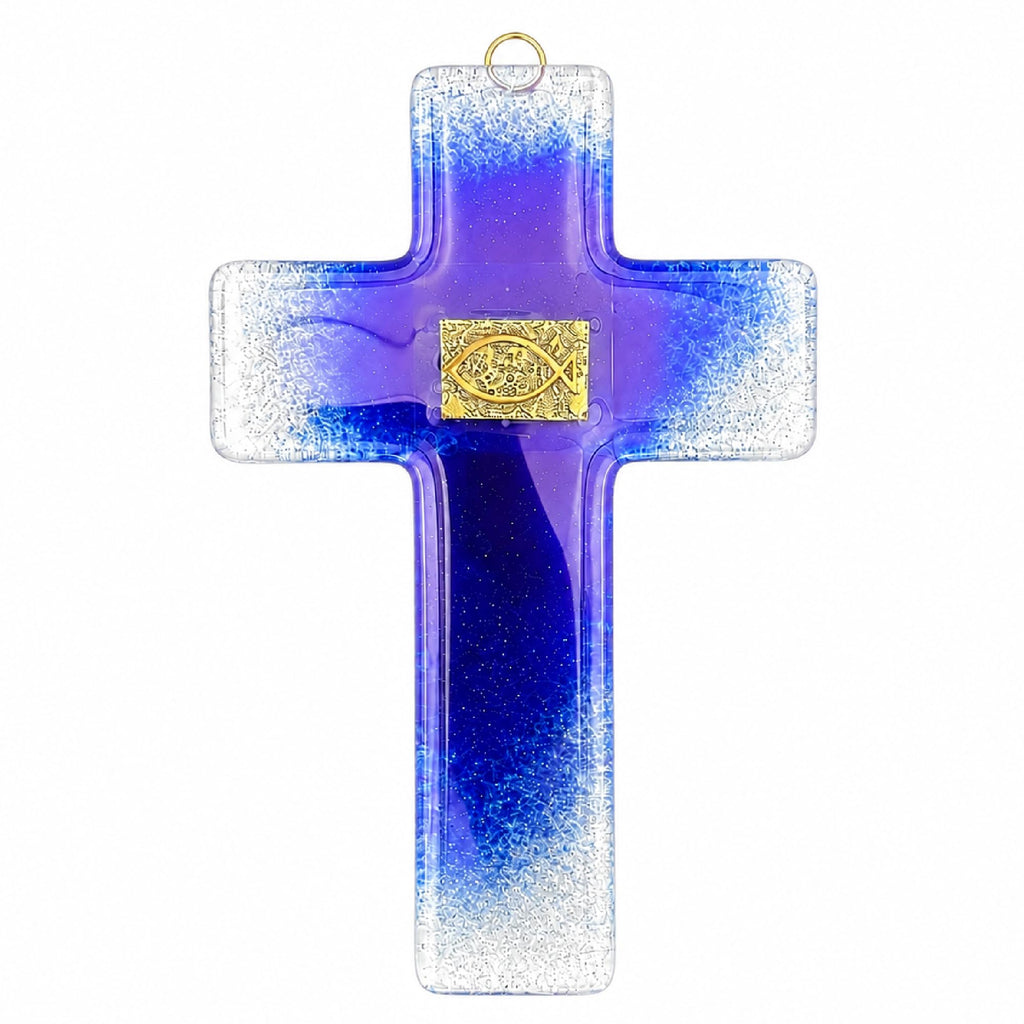 Glaskreuz in Blau mit goldenem Fischsymbol, 21 x 14 cm, Wandkreuz