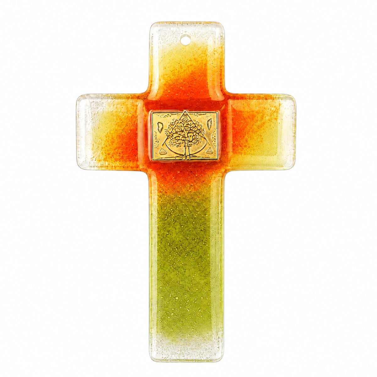 Glaskreuz 21×15 cm mit Glitzer-Farbverlauf in Orange, Gelb und Gold, gesegnet