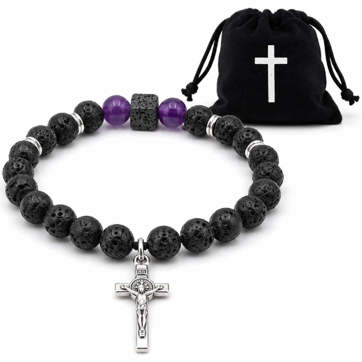 Lavastein Armband mit Benediktus-Kruzifix und Akzentstein, 16 cm, gesegnet – Bild 6