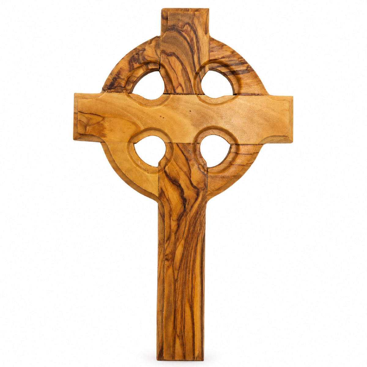 Keltisches Wandkreuz aus Olivenholz, 15,5 × 10 cm, mit Ring und goldfarbenem Haken, gesegnet