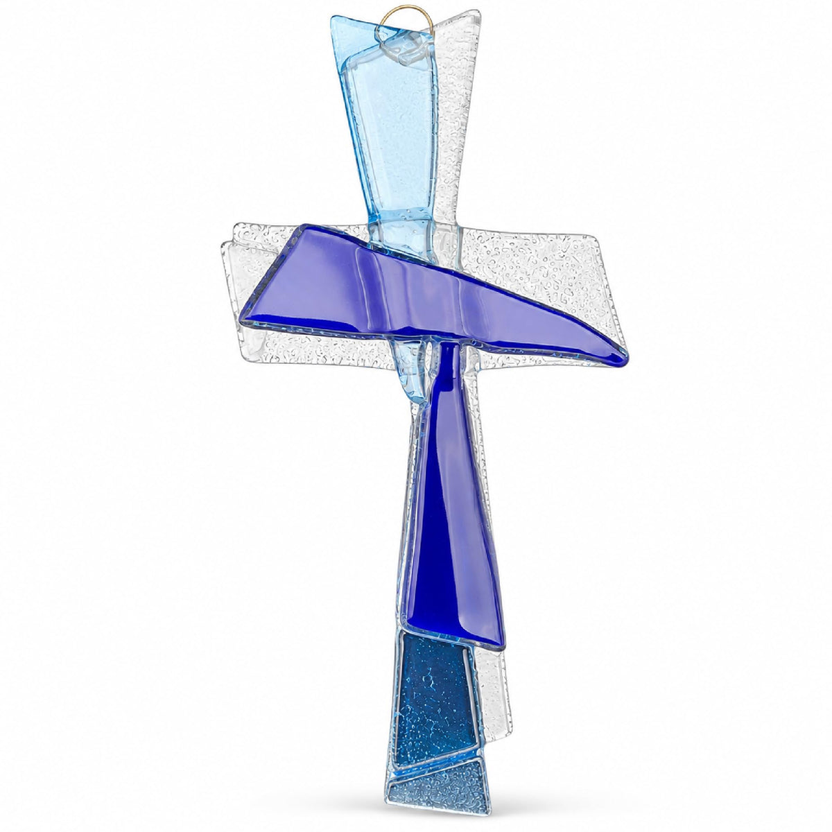 Glaskreuz 27×12 cm transparent in Rot, Blau, Grün und Weiß, Wandkreuz, gesegnet – Blau