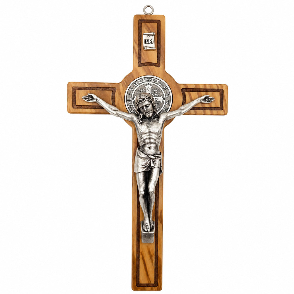 Benediktus-Kruzifix aus Olivenholz 28 × 15 cm mit Corpus, INRI-Tafel und Medaille, gesegnet