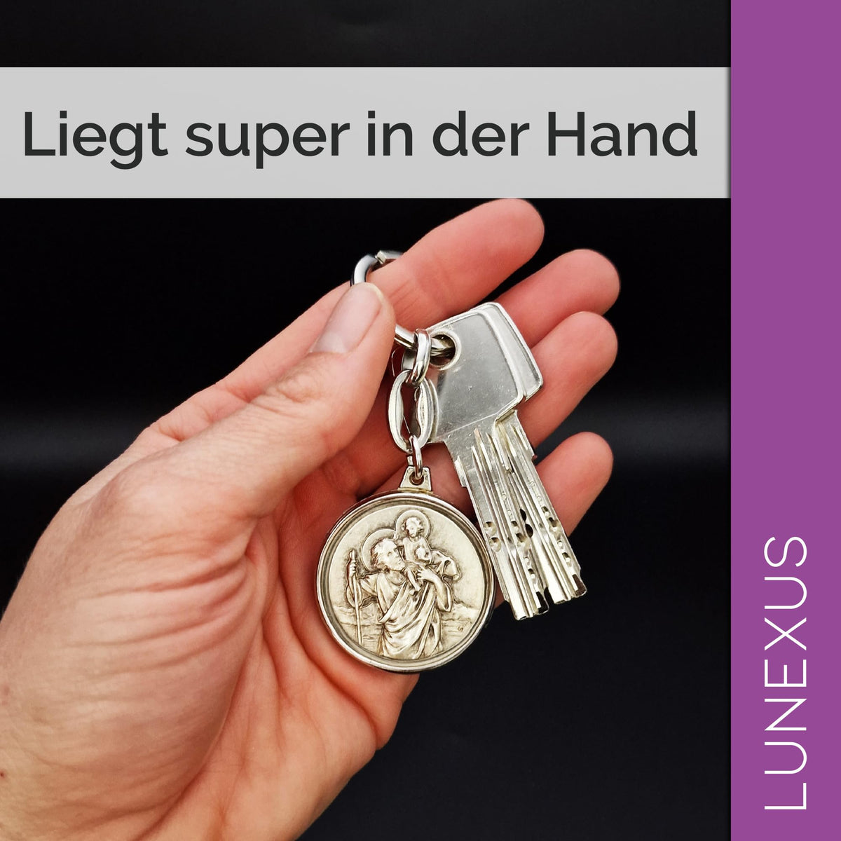 Christophorus Schlüsselanhänger Metall silber Ø 3,5 cm, gesegnet, mit Samtsäckchen – Bild 6